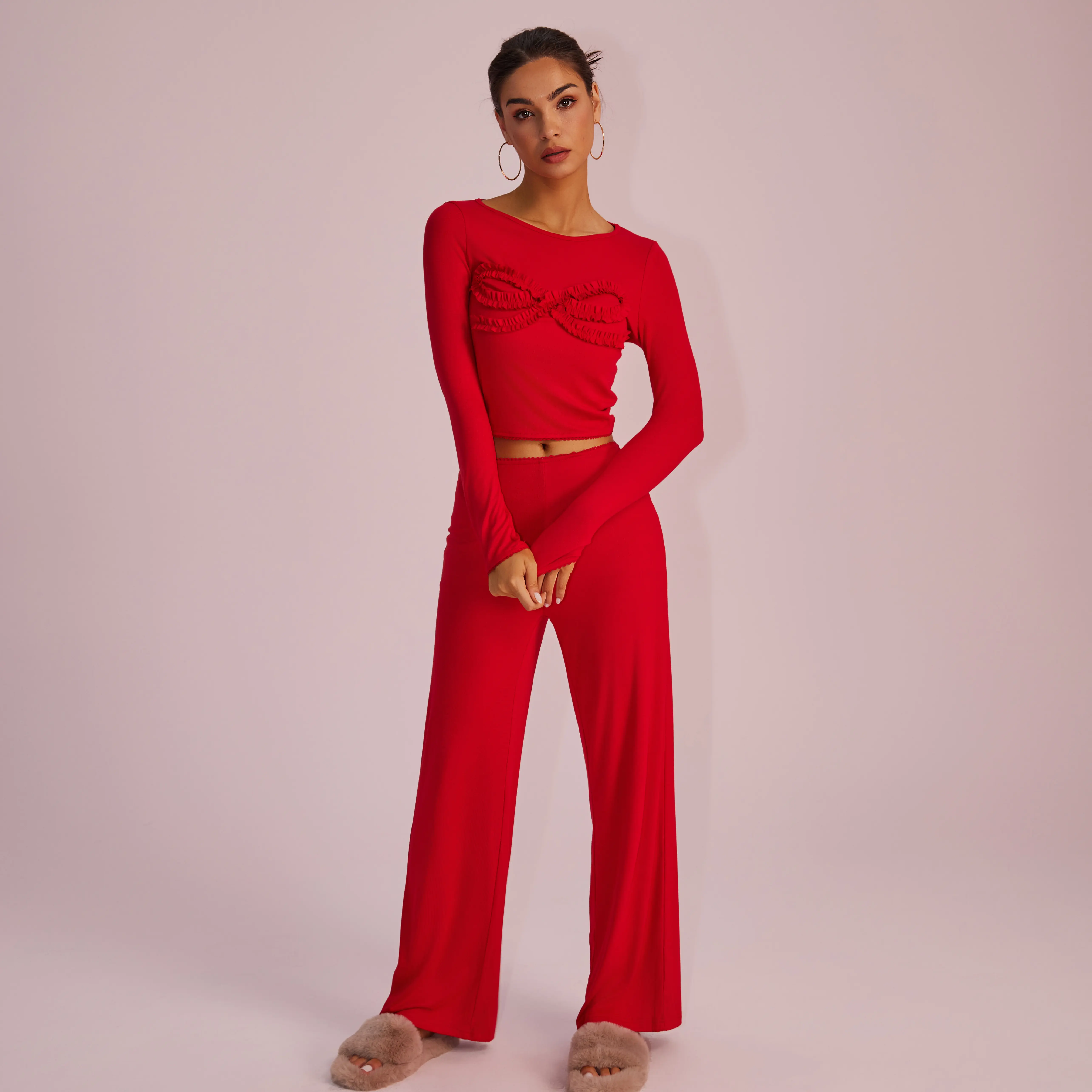 Joyfunear Solid Color Knitted Long-Sleeved Round Neck Top & Casual Straight-Leg Pants Set with Bow Decoration for Daily Wear