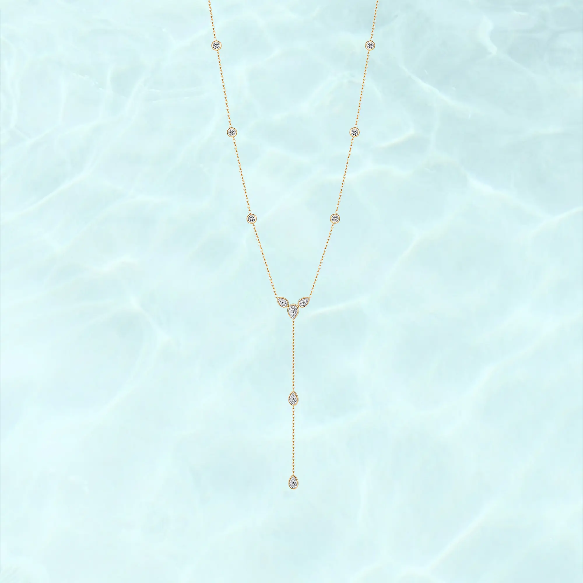 PAVOI Waterproof Lariat Long Necklaces for Women -14K Gold Plated Y Chain Lariat Necklace with Cubic Zirconia - Stainless Steel Drop Chain Trendy Jewelry