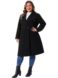 Agnes Orinda Women's Plus Size Peacoat Overcoat Notch Big Lapel Double Breasted Mid-Long Trench Coat
