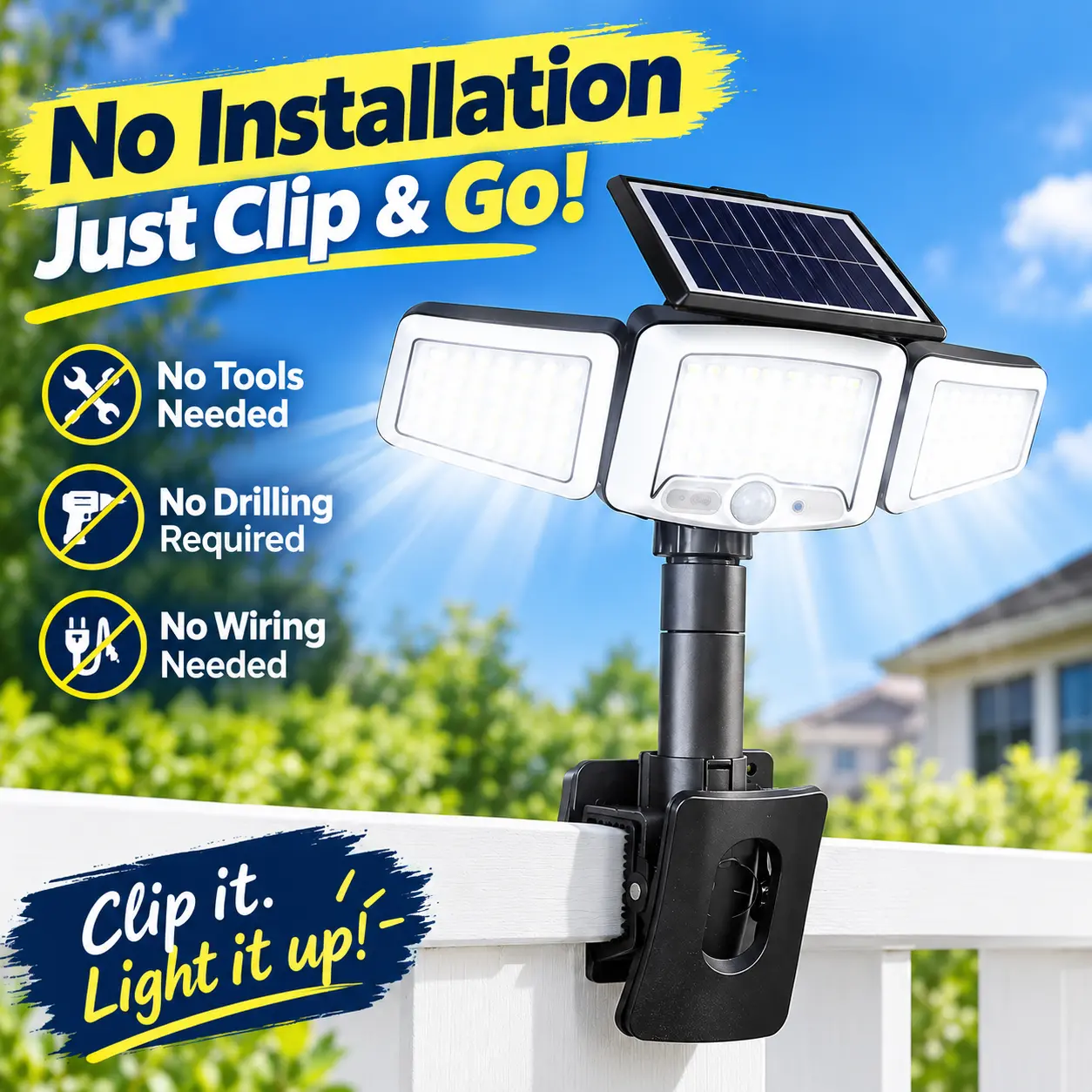 3-Head Solar Motion Sensor Outdoor Light, Clip-On Mount, Dual Solar-USB Charging, 3 Lighting Modes, Adjustable Wide-Angle LED Security Light for Fence, Patio, Yard, Solar Outdoor Lights