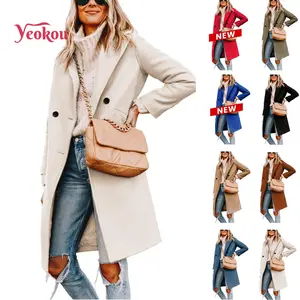 Yeokou Women's Winter Wool Coat Casual Notch Lapel Single-Breasted Peacoat Trench Coat Outwear