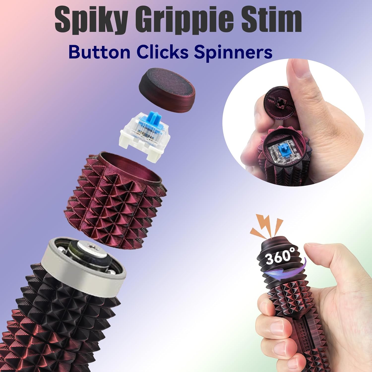 Little Ouchies  Grippie 5-in-1 Design for Stress Relief, Button Clicks, Spinners, Portable Stim Tool,Spiky Grippie Stim, 3D Printed Toys Pain Stim Fidget, Pocket Mini Fidget Toy for Adults Novelty Gifts,Grippie stim keychain