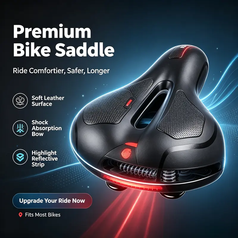 Ergonomic Gel Foam Bicycle Saddle - Wide Unisex Adult Fit Bicycle Accessory, Waterproof, Shock-Absorbing, Fatigue-Reducing, with Lights & Reflective Strip for Mountain Bikes, City Bikes