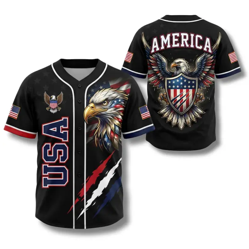 USA Eagle All Over Print Baseball Jersey, Patriotic Button Up Shirt, USA 250 Years Baseball Jersey, 1776–2026 Semiquincentennial Patriotic Jersey Quick-Dry Moisture-Wicking Crew Tees Sports Top Running Tops,back to school,back to school haul