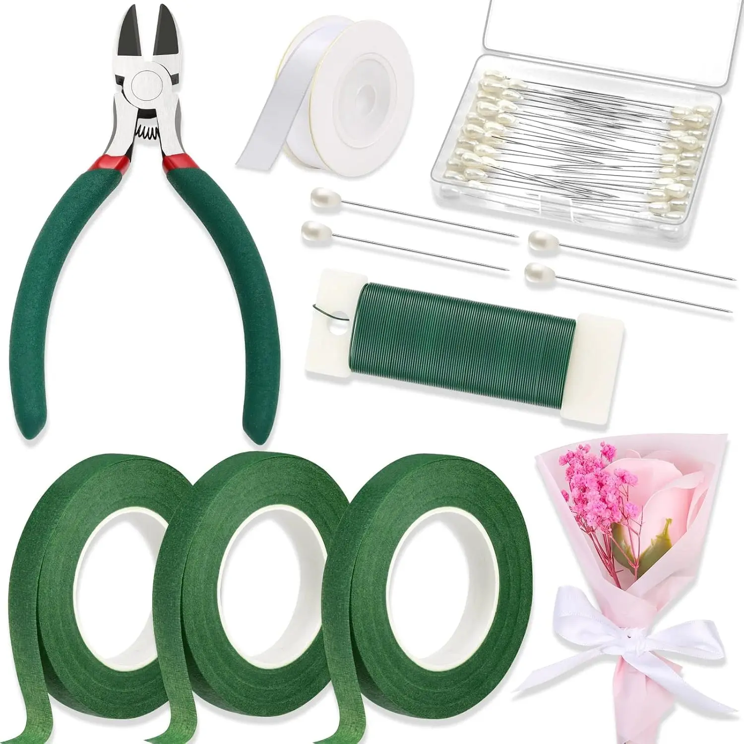 Dark Green Wire Tape Complete Kit - Kitchen Floral Crafting Wire Tape Set, Multiple Rolls, White Ribbon, Boutonniere Pin, Cutter for Wreaths Bouquets