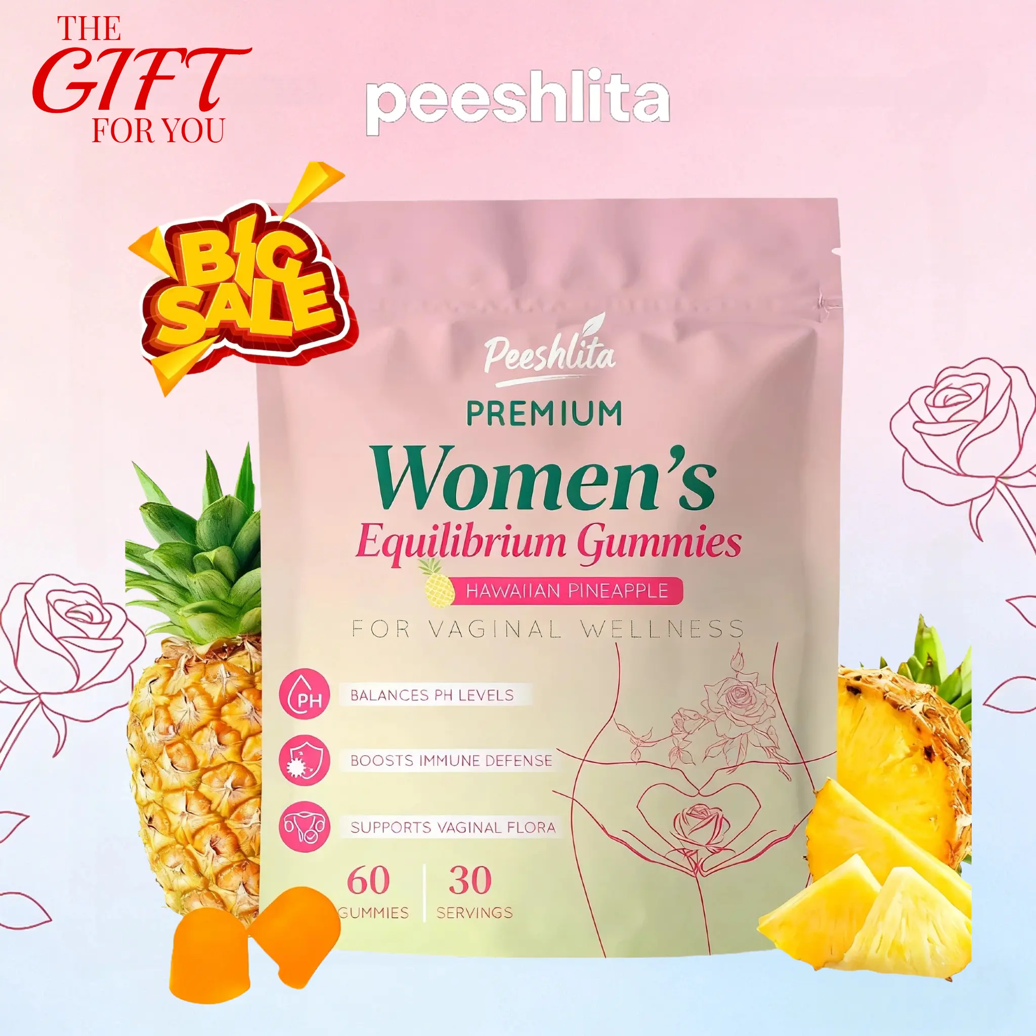 Peeshlita Premium Feminine Balance Gummies for Women | Hawaiian Pineapple Flavor | 60 Gummies, 30 Servings | Valentines Day Self Care Gift for Her | Women's Health & Fitness Support Supplement
