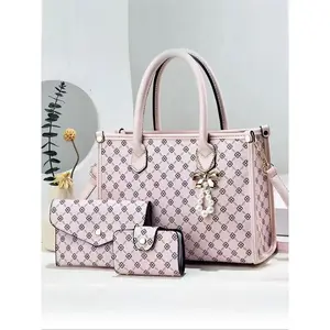 Elegant Handbag Set of 3, Large Capacity Bucket Bag with Zipper Closure, Fashion Plaid Pattern, Includes Coin Purse and Card Holder, Handbag Wallet Set