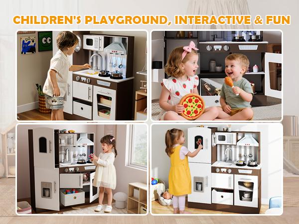 Kids Play Kitchen Set Pretend Wooden Playset Toy w Sound Light Oven Ice Maker Blackboard Toy Storage Box for Toddlers Ages 3+
