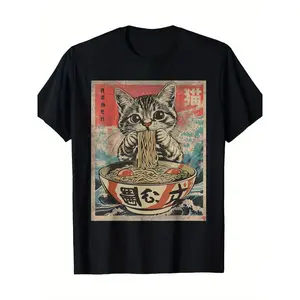 1pc Kawaii Cat Ramen Anime T-Shirt for Men, 100% Fabric, Crew Neck, Short Sleeve, Regular Fit, Weekend Casual Wear, All-Season Casual Wear, gifts for him - Ideal for Valentines New Year'S Day Father'S Day Christmas