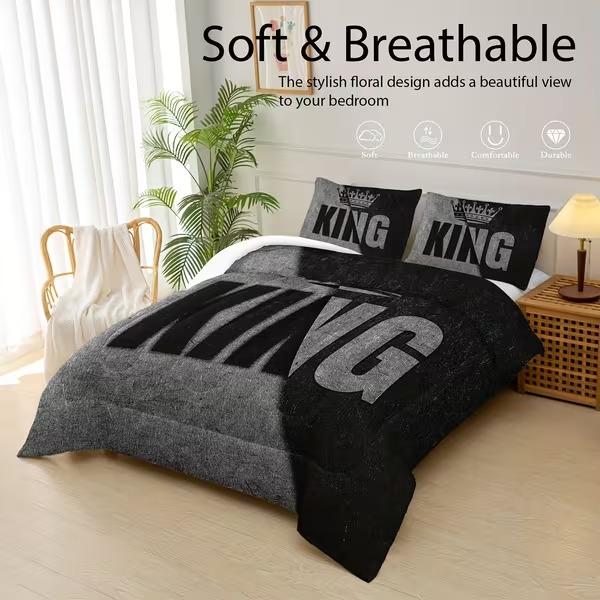 3pcs King & Queen Comforter Set - Black & Grey His & Hers Bedding | 1 Comforter + 2 Pillowcases | Soft, Breathable, Modern Printed Bedding for Bedroom & Dorm Decor