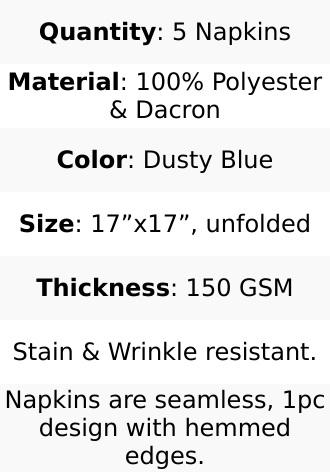 5 Pack Polyester Napkins 17"x17" Dusty Blue - Wrinkle Resistant & Easy Care Cloth Napkins