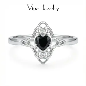 925 Stylish Black Heart Ring with Celtic Knot and 5A CZ Design, Vintage and Elegant Ring Jewelry for Women, Witches or Gothgirls Ring, Gothic Y2k Witch Style Perfect for Daily Wear and Party, Valentine's Day Birthday Gift