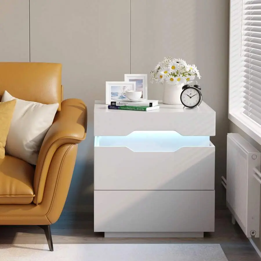 RGB LED Nightstand With Charging Station 2 Drawers Bedside Side Table 20 Color Changing Light USB Socket Design Top Storage Cabinet Modern Bedroom Furniture