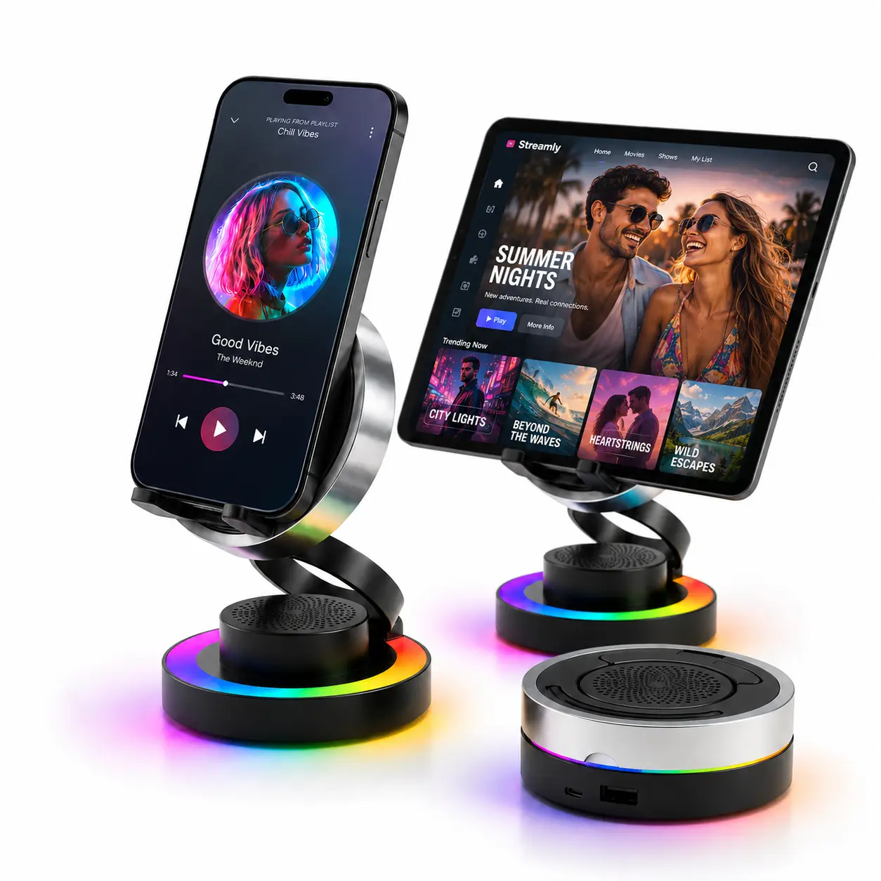 Wireless Speaker Phone Stand with RGB Light, Foldable Bluetooth Speaker Stand, Adjustable Phone Holder with Power Bank for iPhone Samsung Android