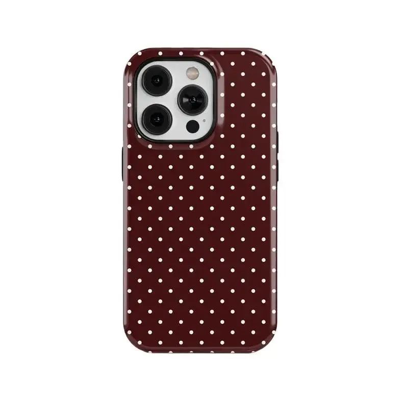 Tough Polka Dot Smartphone Case - Aesthetic Dark Burgundy & White Handheld Cellphone Protection Cover for iPhone 17 Pro,16 Max Plus,15,14,13 & Samsung Galaxy S25,S24 Ultra,A15,A16 5G - Halloween Gift