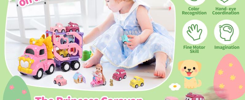 Cute Stone Princess Truck Toys Set with 31.5 in Extra Long Track Slide 3 Layer Foldable Transport Carrier Vehicle Light & Sound for Little Girls, Valentine's Day gift