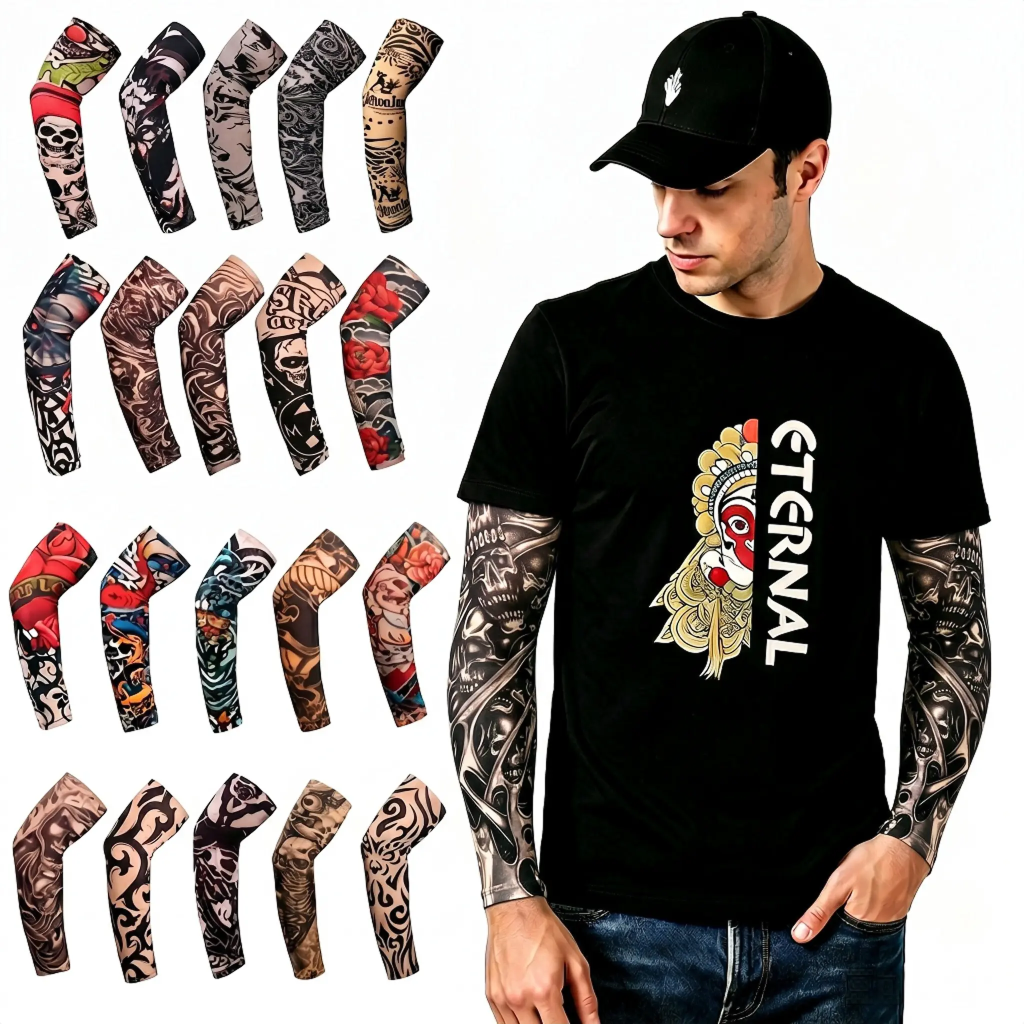 10Pcs Nylon-8% Spandex Temporary Tattoo Cooling Arm Sleeves Cover for Men - UV Protection, Breathable Outdoor Gear, Ideal for Motorcycle Driving (Automotive/Motorcycle Protective Gear)
