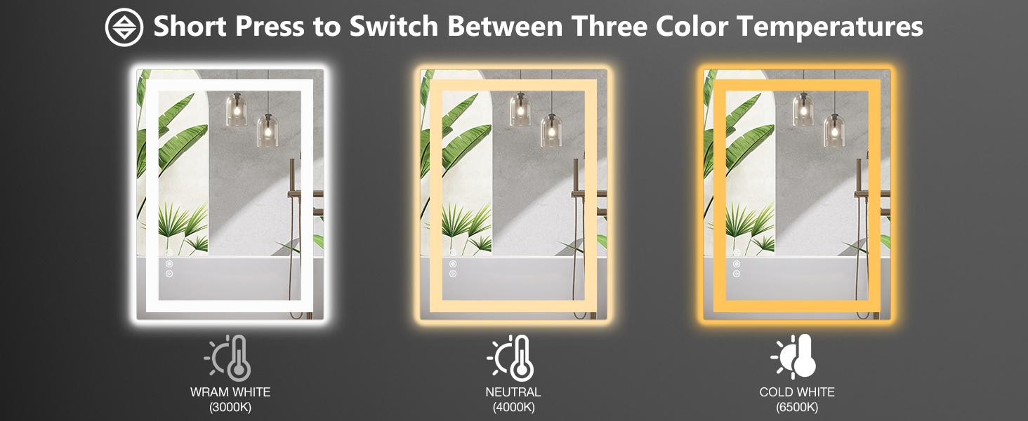 Sweet Furniture Bathroom Vanity Mirror - Anti-Fog, Dimmable Rectangle Mirror with Front & Backlight, Smart Memory Function, Tempered Glass