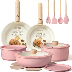 CAROTE Pots and Pans Set, Nonstick Cookware Set Detachable Handle, 19pcs Induction Kitchen Cookware Sets Non Stick with Removable Handle, RV Cookware Set, Oven Safe, Pink
