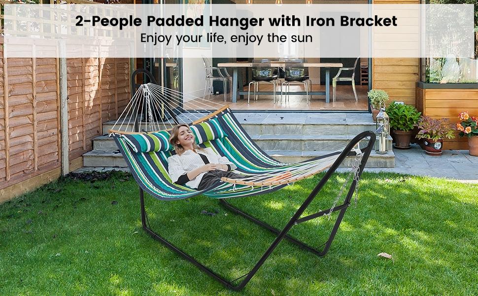 【2-3 People, Double Stand】Yaheetech Heavy-Duty 55in Hammock with Steel Stand, Padded Hammock for Outdoor Balconies/Porches/Patios/Decks/Backyards, 475LB Capacity