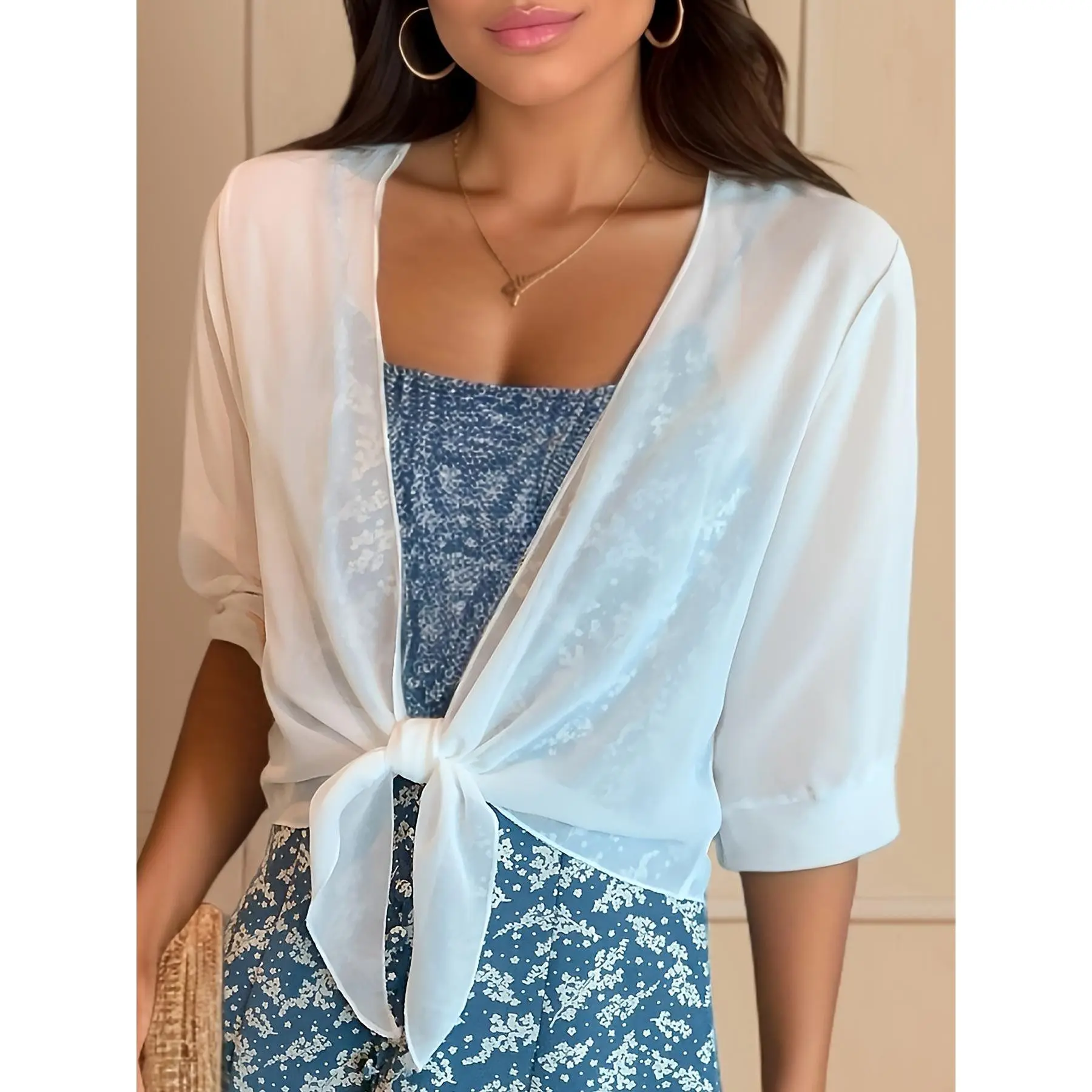 Women Solid Color Chiffon Cardigan, Half Sleeve Short Tie Knot Open Front Shrugs, Lightweight Sheer Sunscreen Cover Ups for Dresses