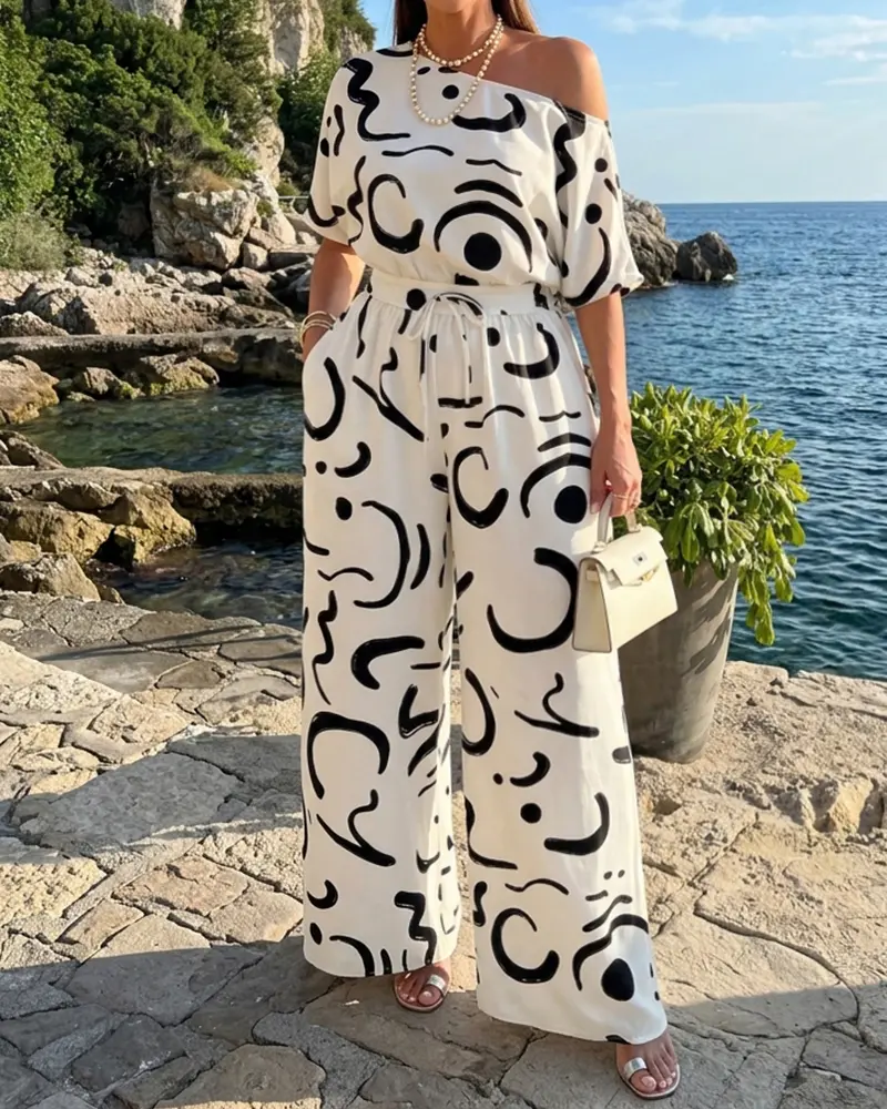 CHICME Women's Abstract Print Skew Neck Jumpsuit High Waisted Drawstring Wide Leg Romper with Pockets