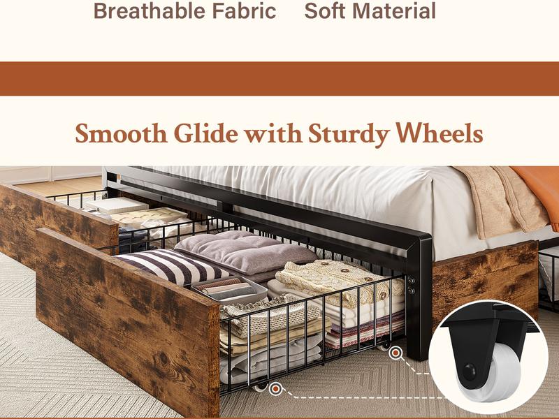 Raybee Luxury Bed Frame with 6 Storage Drawers,  LED Lights & Charging Station, Full Queen Platform Bed Frame with Upholstered Headboard & Shelf, No Noise, Holds 1000lbs, No Box Spring Needed,Easy Assembly, Black