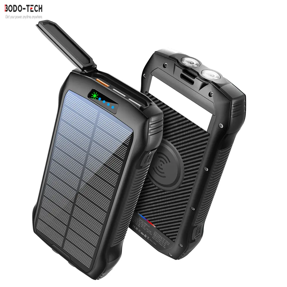 Bodo-Tech 40000mAh Solar Charger with Built-in Flashlight Wireless Charging Power Bank 3 USB-A Outputs Type-C Micro Input Fast Charging PD20W Compatible for iPhone Android Phones Samsung iPad Tablets campingessentials