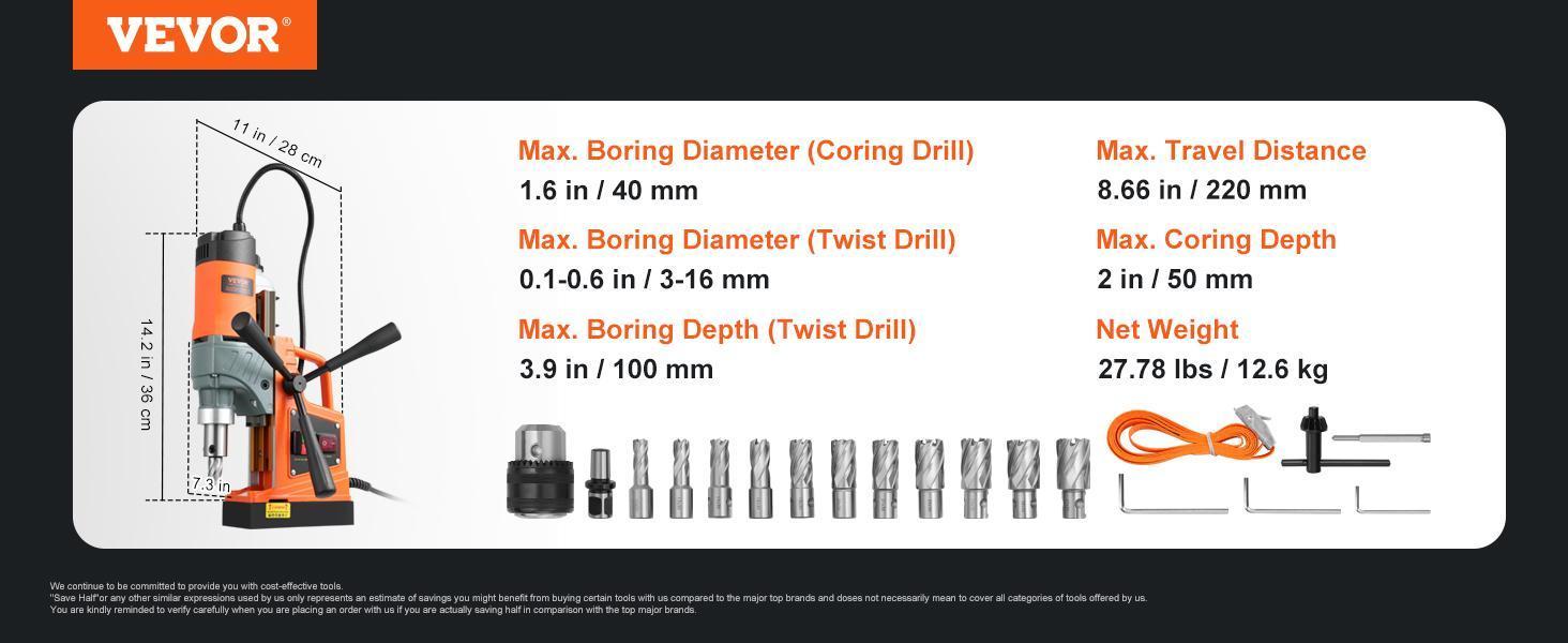 VEVOR Magnetic Drill, TikTokShopBlackFriday, 1450W 1.57" Boring Diameter, 12500N 850 RPM Portable Electric Mag Drill Press, with Variable Speed, Drilling Machine for any Surface Home Improvement Industry Railway