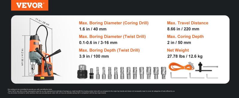 VEVOR Magnetic Drill, TikTokShopBlackFriday, 1450W 1.57" Boring Diameter, 12500N 850 RPM Portable Electric Mag Drill Press, with Variable Speed, Drilling Machine for any Surface Home Improvement Industry Railway