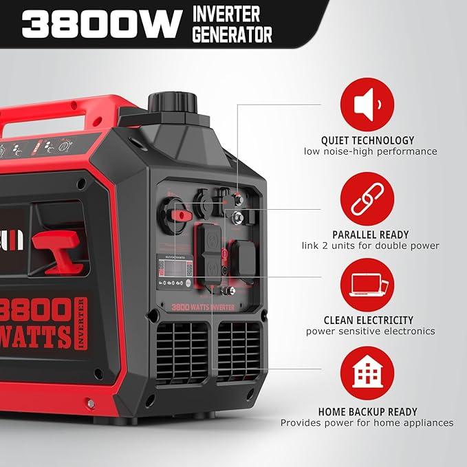 Amerisun 3800-Watt Gas Powered Portable Inverter Generator, Super Quiet and Lightweight for Home Use, Outdoor Camping, RV Ready 30A Outlet, Digital Display, EPA Compliant(AL5035C)