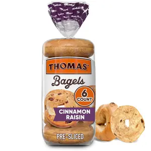 AK Thomas' Cinnamon Raisin Bagels, 6 count, 9g Protein, Kosher Bagels, 18 oz Bag