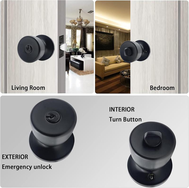 Doorknob with Key Matte Black Round Ball Door Knob Passage Door Locking Interior/Exterior Door Knob/Berlin Series Lock for Room Door