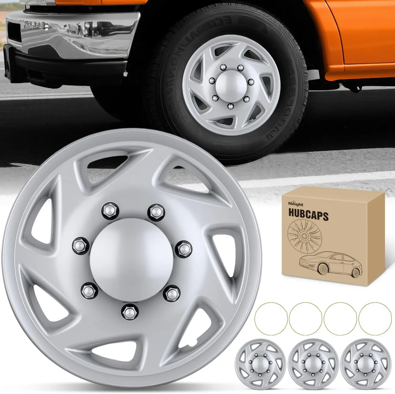 Nilight 4-Piece 16-in Silver 7-Spoke Style Hubcaps, Waterproof ABS+PC Car Accessories for Ford Truck CEG 1998-2007 & Econoline MTD E250-E550 2008-2021, Daily Use Wheel Cover Protectors Replacement F8UZ1130AA, Accessories for Car