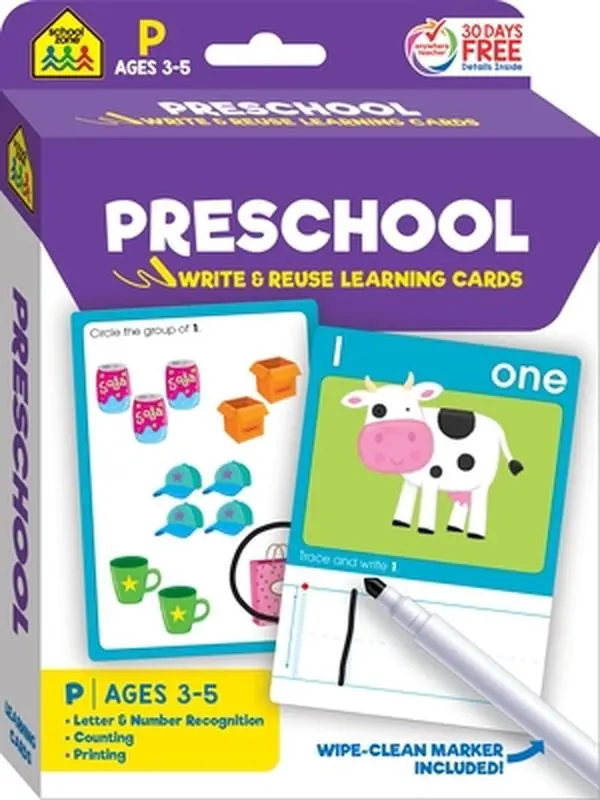 School Zone Preschool Write & Reuse Flashcards - Children's Early Learning Tool for Alphabet, Reading, Writing, Early Math, Fine Motor Skills Growth