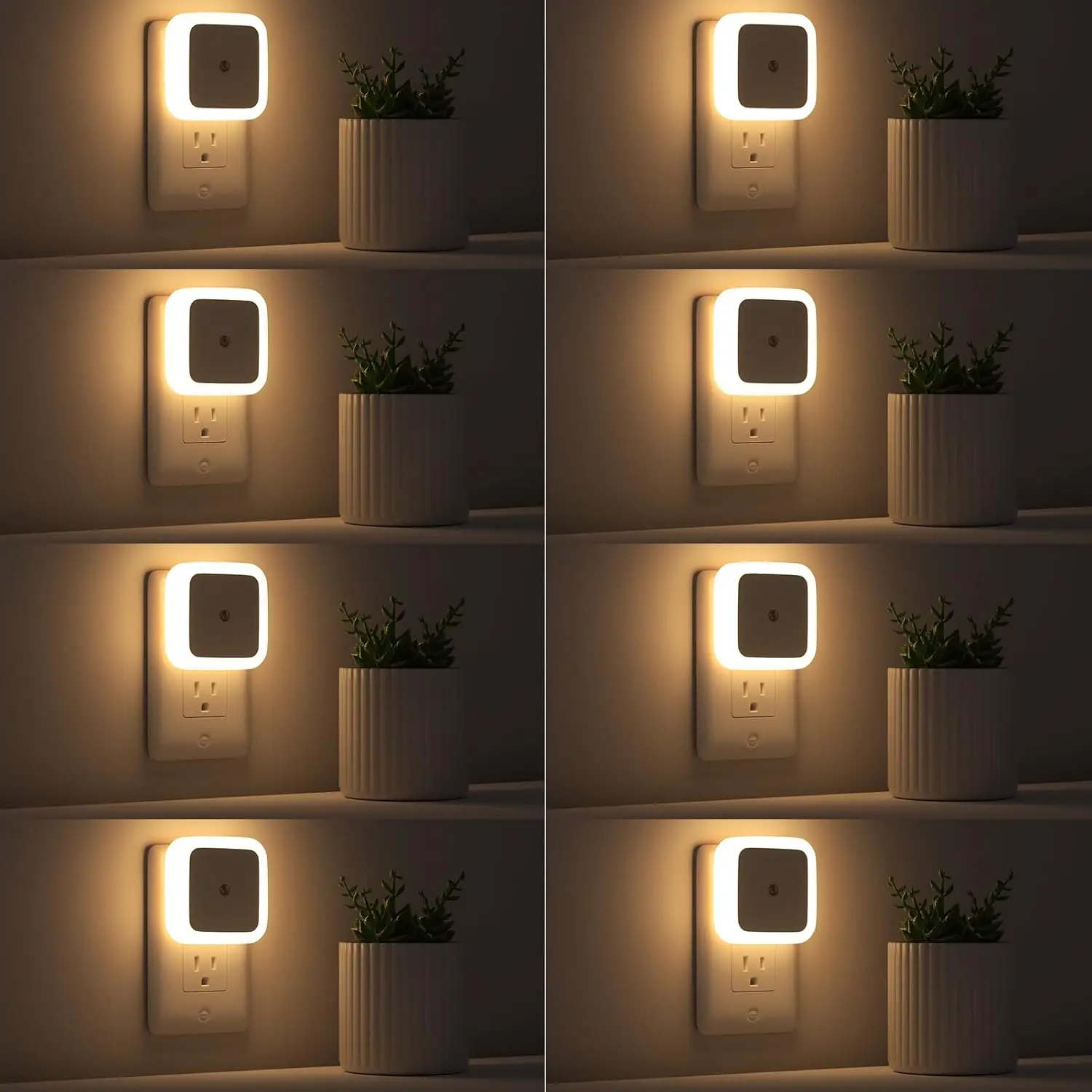 Smart Sensor LED Night Light Set 6 Counts Warm Orange Plug-in Square for Kids Room Bedroom Bathroom Baby Nursery Stair Lights Auto On/Off Ultra-Efficient 3000K Warm Glow Lamp lighting