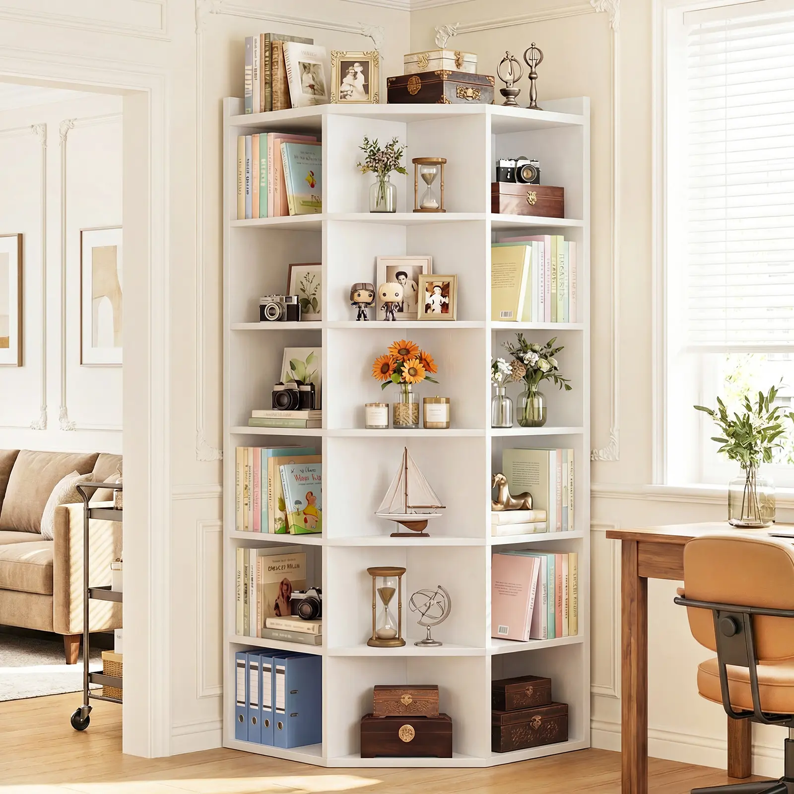 7-Tier L-Shaped Corner Bookshelf with Baffle, Wooden Cubby Display Cabinet & Open Storage Shelving for Small Spaces, Tall Bookcase Shelf Toy Organizer,dorm essentials,home decor
