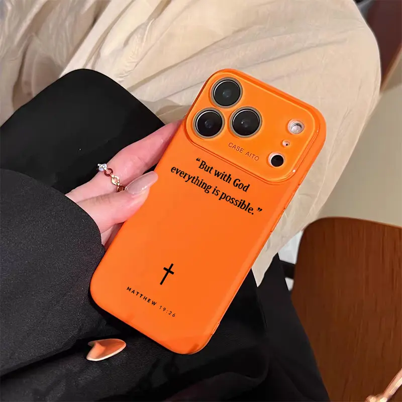 Cross And Faith Quote Pattern Dopamine Ins Style Solid Color Phone Case with Ultra Skin friendly Touch All Inclusive Lens Phone Case Suitable for Apple 17 16 15 14 13 12