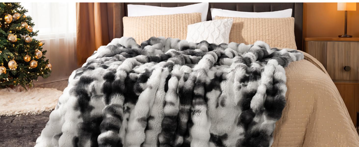 Shilucheng Queen Size Faux Rabbit Fur Throw Blanket 50"x70", Plush Cozy Decorative Throw for Bed, Couch, Sofa and Chair, Perfect Home Decor for Bedroom Living Room