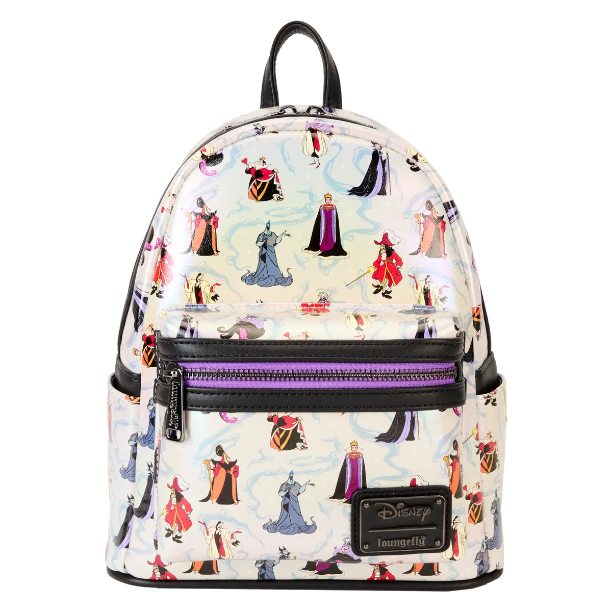 Loungefly Disney Villains Iridescent Mini Backpacks, All-Over Print Vegan Leather Bag for Everyday Carry with Zippered Front Compartment, Printed Details, Sturdy Top Handle, One Size