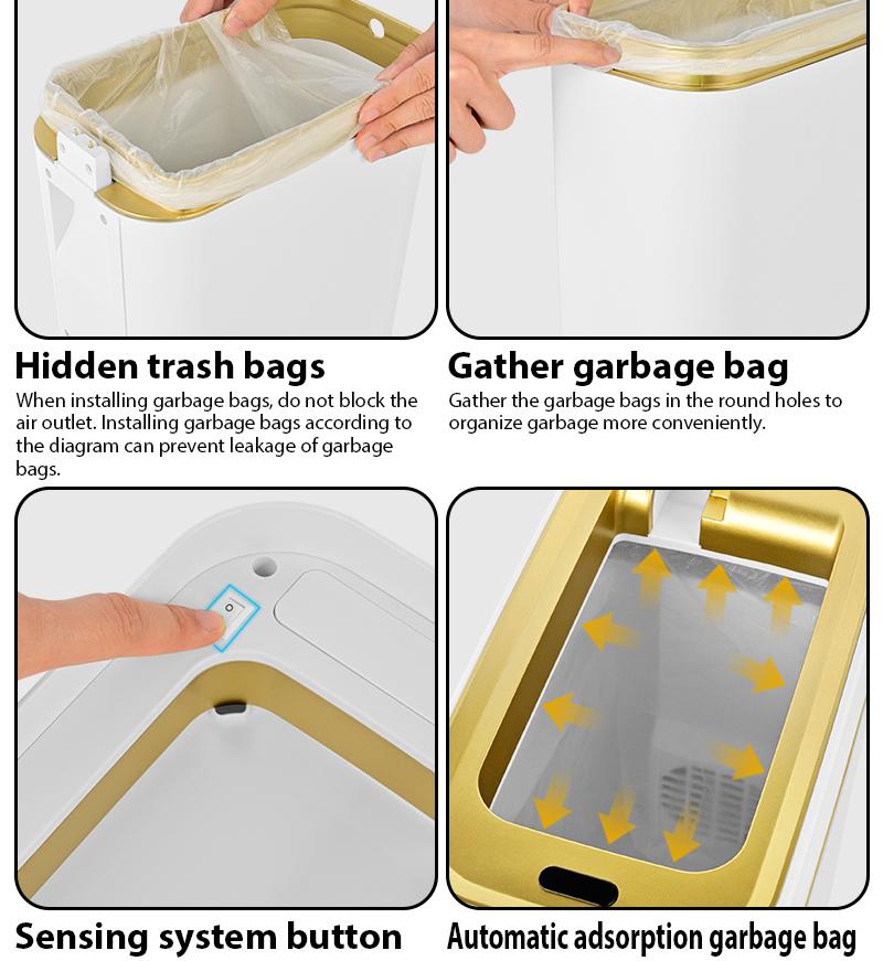 Pukomc Auto-Sensor Trash Bin Wave & Knee Induction Quick Voiceless Open Removable Liner Battery-Powered Waterproof Durable Multipurpose Reusable Automatic White Gold