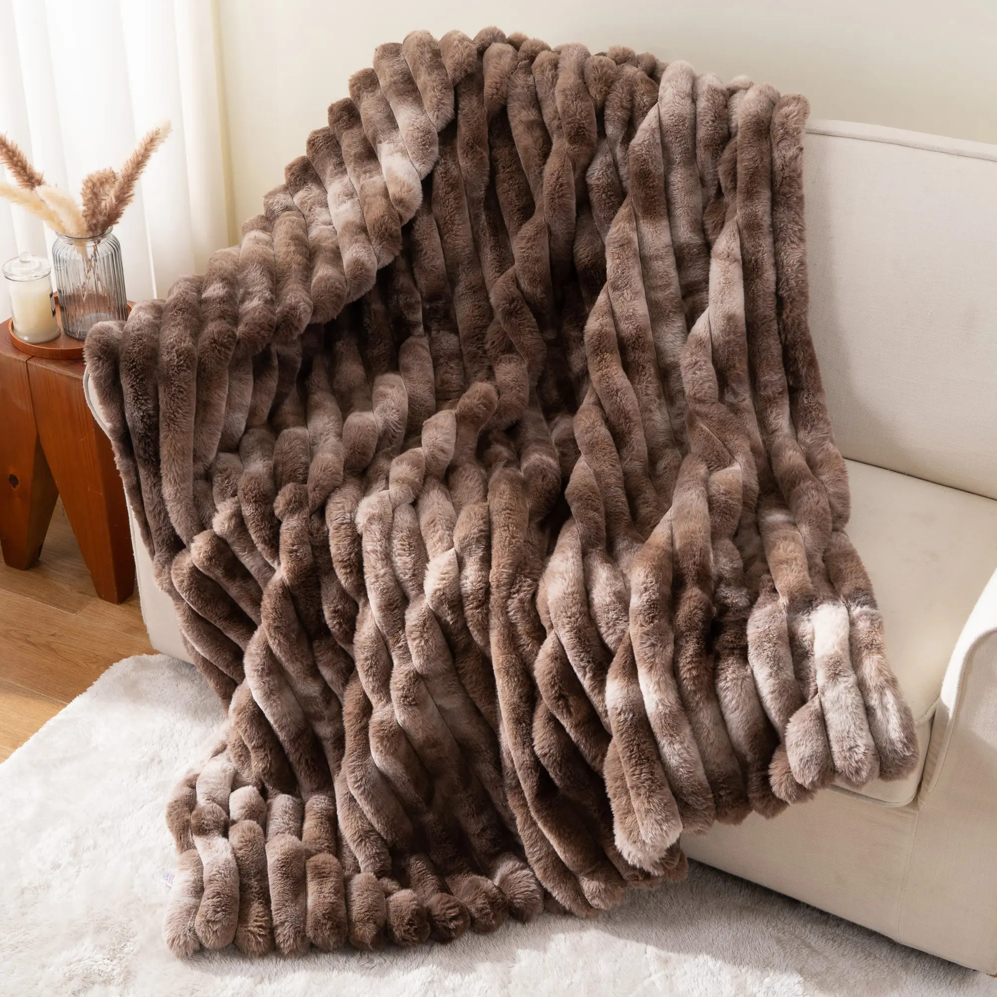 Battilo I Cloud Stripe Faux Rabbit Fur Blanket, Super Soft Summer Fuzzy Comfort Blanket for Couch and Bed, Home Decor & Gifts Soft Cozy Blanket