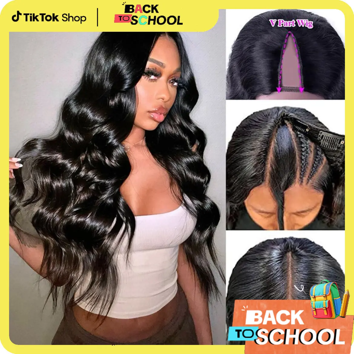 【V Part Wig No.1】Mamushow V Part Wigs With Invisible Strap Drawstring 100% Human Virgin Hair Body Wave Glueless Wig 180% Density Curly Wigs Natural Black #TikTokShopBackToSchool#SohoChic