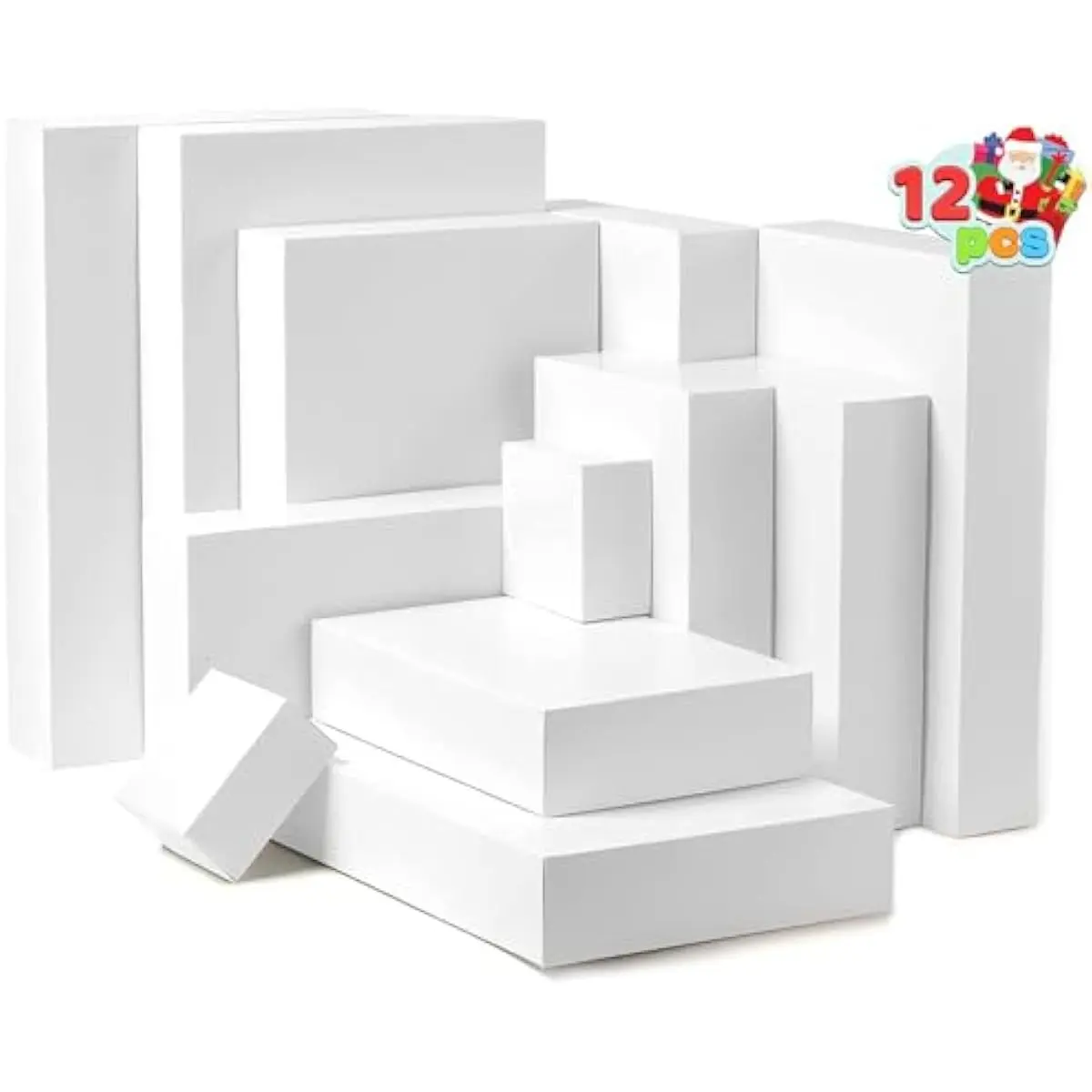 JOYIN 12 PCS Christmas Shirt Gift Boxes with Lids, 4'' Deep Large 4 Different Sizes White Assorted Cardboard Robe Boxes for Presents Clothes Wrapping, Xmas Holiday Birthday Wedding Gifts Package Decor