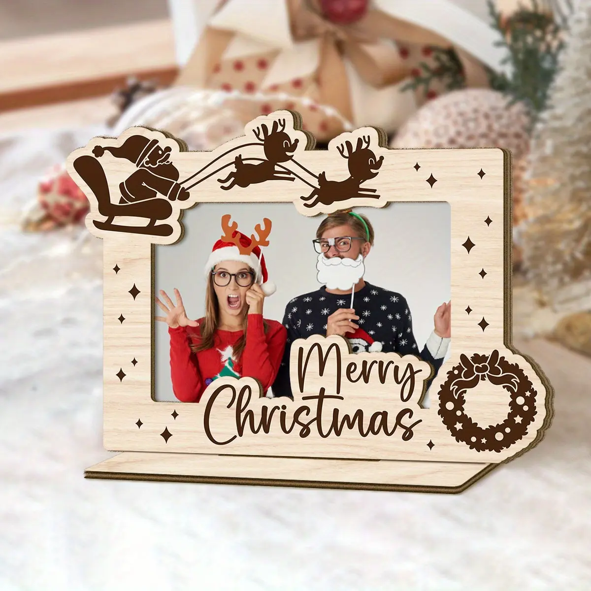 1pc Christmas Theme Wooden Photo Frame, With "Merry Christmas", With a Base Can Stand on the Desktop, Best Christmas Gift choice for Yourself, Family, Desktop Decorative Sign Frame
