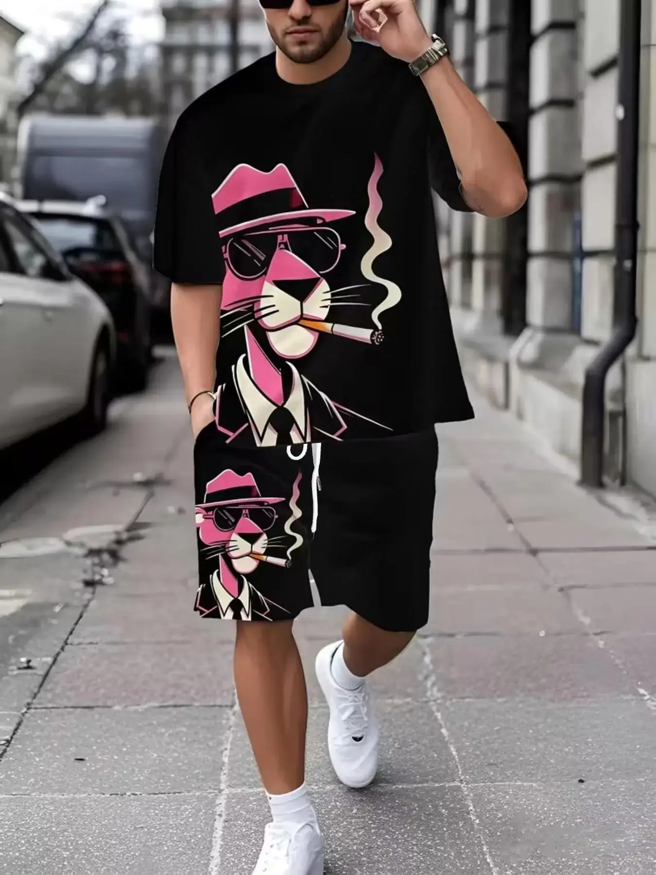 Men's Printed Short Sleeve T-Shirt + Shorts Set, Breathable Casual Sports, Outdoor Leisure Shorts, Summer 3D Print Set Outfit