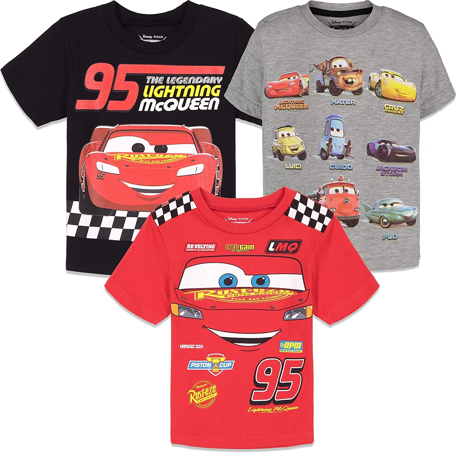 Disney Cars Boys' 3-Pack Graphic T-Shirts, Tagless Short Sleeve Round Neck Jersey Tops for Toddler to Big Kid, Short Sleeve Tops, Cars Theme, 3 - 4 Years, Character Print Shirt, Mcqueen, Cars Graphic Boys' T-Shirts