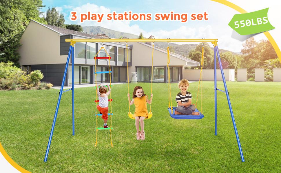 Swing Sets for Backyard 700 lbs - 6 in 1 Multifunction Swing Set Outdoor for Kids Playground, Larger Heavy Duty Metal Swing Stand with 3 Adjustable Swings, Climbing Ladder and Net, Basketball Hoop Swing Sets for Backyard 700 lbs - 6 in 1 Multifunction Swing Set Outdoor for Kids Playground, Larger Heavy Duty Metal Swing Stand with 3 Adjustable Swings, Climbing Ladder and Net, Basketball Hoop