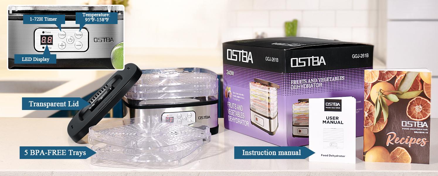 OSTBA Food Dehydrator Machine Adjustable Temperature & 72H Timer, 5-Tray Dehydrators for Food and Jerky, Fruit, Dog Treats, Herbs, Snacks, LED Display, 240W Electric Food Dryer, Recipe Book