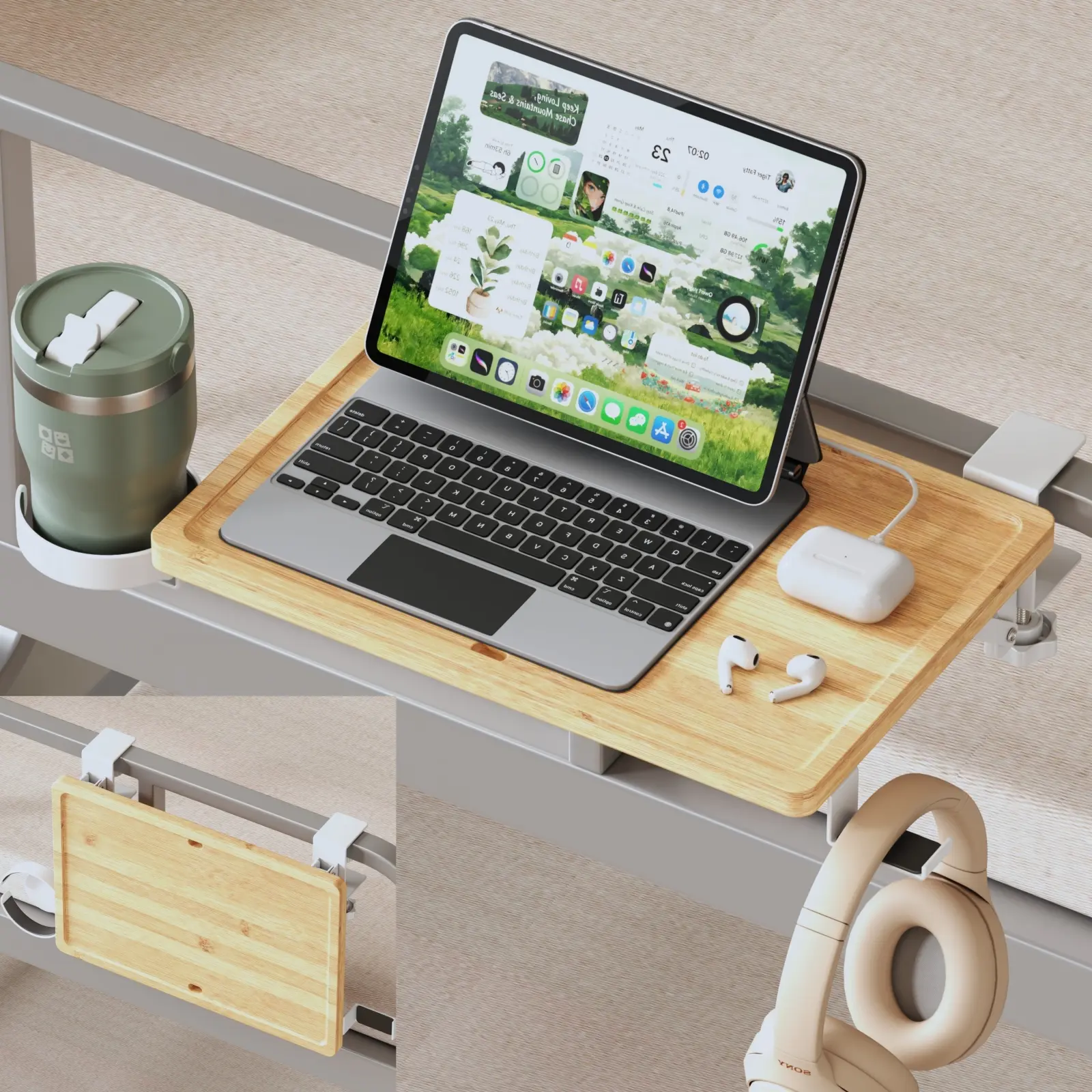 Wooden Foldable Bedside Shelf - No Drill Clip-On Shelf with Cup Holder Hooks Large Size College Dorm Shopping Essential Apartment Accessories for Dorm Rooms Bedside Tray Home Organizer Gift for Students